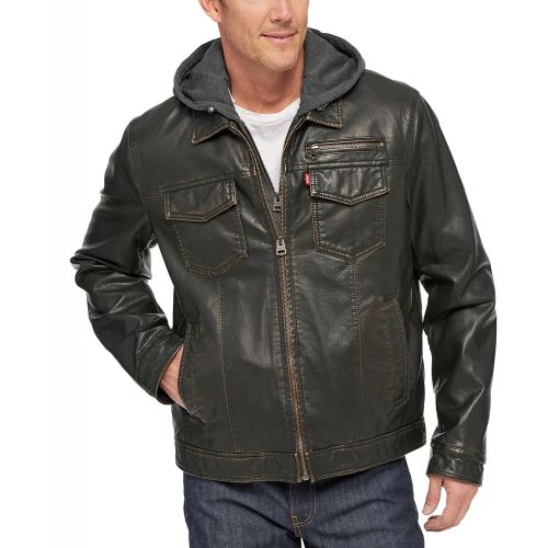 리바이스 Levi's Levis Mens Faux-Leather Two-Pocket Trucker Hoodie Jacket with Sherpa Lining