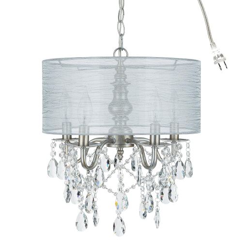  Amalfi Decor Luna Silver 5 Light Crystal Chandelier with Drum Shade, Glass Beaded Swag Plug-In Pendant Wrought Iron Cylinder Shaded Ceiling Lighting Fixture Lamp