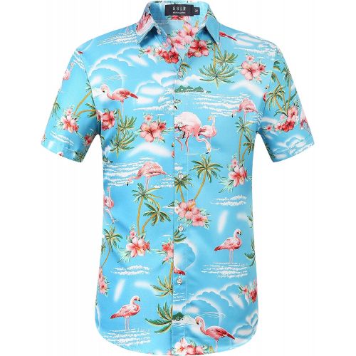  SSLR Mens Flamingos Casual Short Sleeve Aloha Hawaiian Shirt