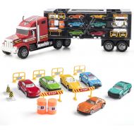 [아마존핫딜][아마존 핫딜] Prextex 24 Detachable Carrier Truck Toy Car Transporter with Rubber Wheels & 6 Toy Cars Toys for Boys & Girls Red and Black