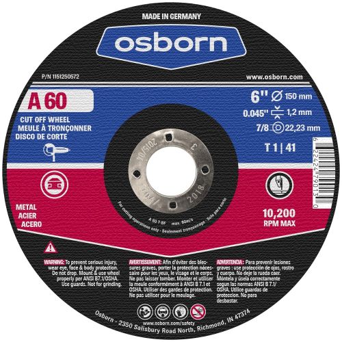  Power tool accessories Osborn 1151250572 Cutting/Cut-Off Disc, T01, 6 x 0.045 x 7/8, A 60, Aluminum Oxide, 10200 RPM, 6 Diameter, 6 Type (Pack of 25)