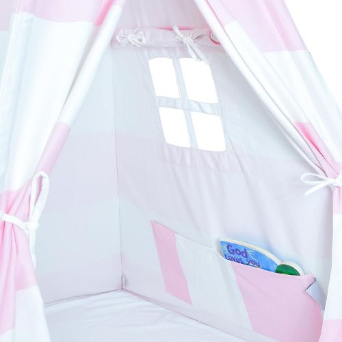  A Mustard Seed Toys Striped Pink Kids Teepee Tent, Perfect for Girls, Portable Canvas Tent, No Extra Chemials, Includes Carrying Case