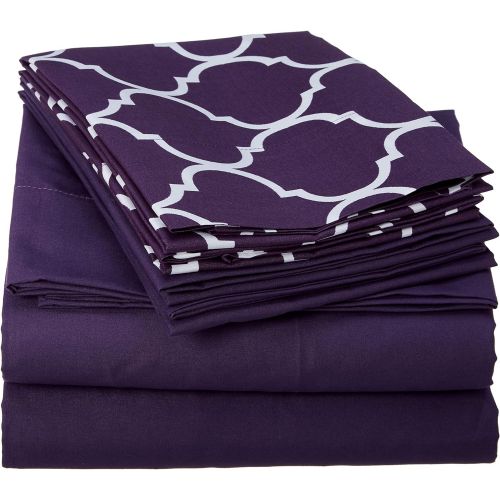  Chic Home Illusion 6 Piece Sheet Set Super Soft Solid Color Deep Pocket Design - Includes Flat & Fitted Sheets and Bonus Printed Geometric Pattern Pillowcases Queen Plum