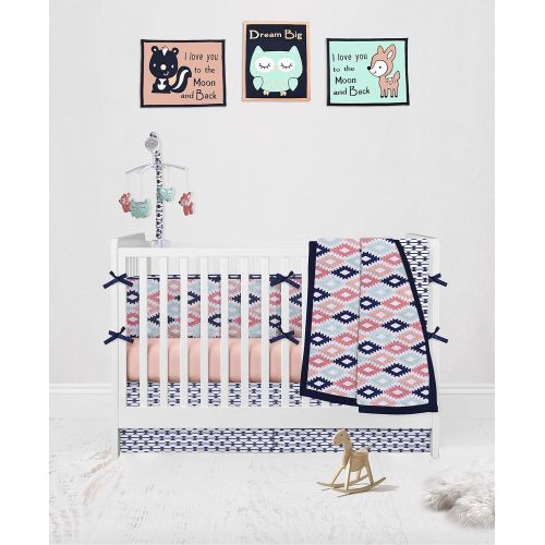  Bacati Emma Aztec 10 Piece Nursery-in-a-Bag Cotton Percale Girls Crib Bedding Set with Bumper Pad, CoralMintNavy