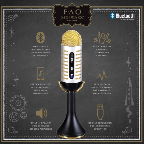 FAO Schwarz FAO SCHWARZ Karaoke Music Microphone wBuilt-In Portable Handheld Speaker for Parties, Bluetooth & Smartphone Compatible, Vintage 20s Ribbon Style, USB, AUX Cable & Headphone Jacks