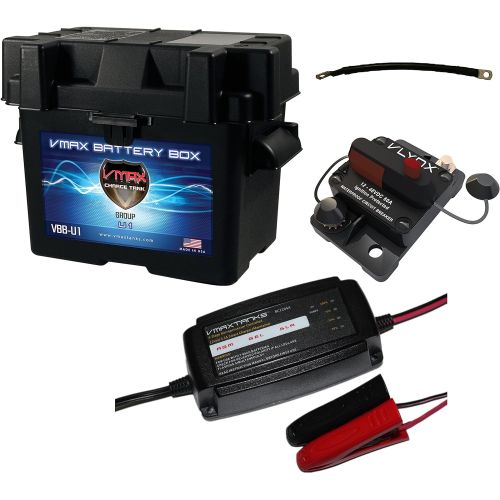  VMAXTANKS Trolling Motor Battery Box Kit: Marine Grade U1 Box + Smart ChargerTender + 9 Cable, Circuit Breaker kit for U1 size batteries
