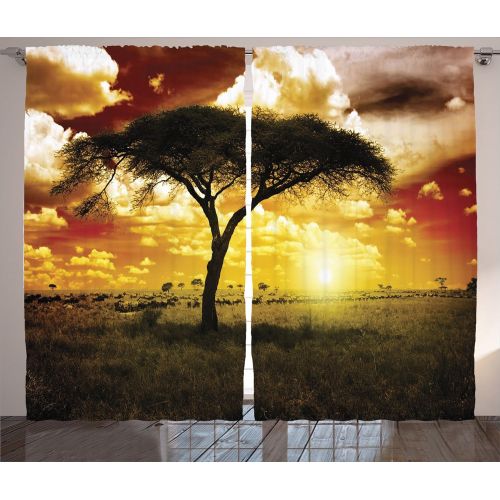  Ambesonne Safari Decor Curtains 2 Panel Set, Single Tree at Dreamy African Sunset with Dark Dramatic Clouds on The Sky Art Photo, Living Room Bedroom Decor, 108 W X 84 L Inches, Gr