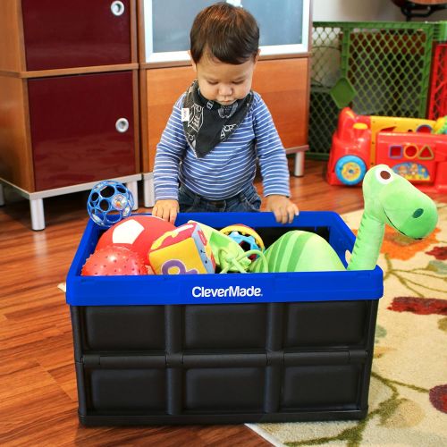  CleverMade 62L Collapsible Storage Bins - Durable Folding Plastic Stackable Utility Crates, Solid Wall CleverCrates, 3 Pack, Black