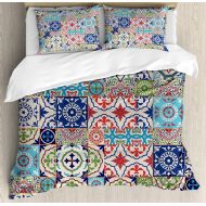 Ambesonne Moroccan Duvet Cover Set King Size, Patchwork Pattern from Colorful Moroccan Tiles Traditional Illustration, Decorative 3 Piece Bedding Set with 2 Pillow Shams, Navy Blue