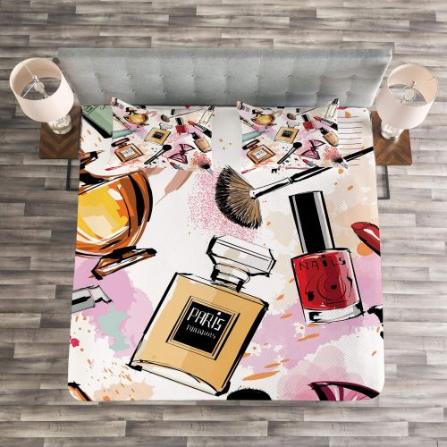  Ambesonne Fashion Bedspread, Cosmetic and Makeup Theme Pattern with Perfume Lipstick Nail Polish Brush Modern, Decorative Quilted 3 Piece Coverlet Set with 2 Pillow Shams, King Siz