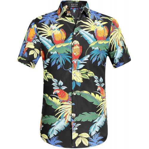  SSLR Mens Parrots Leaves Button Down Casual Short Sleeve Hawaiian Shirt