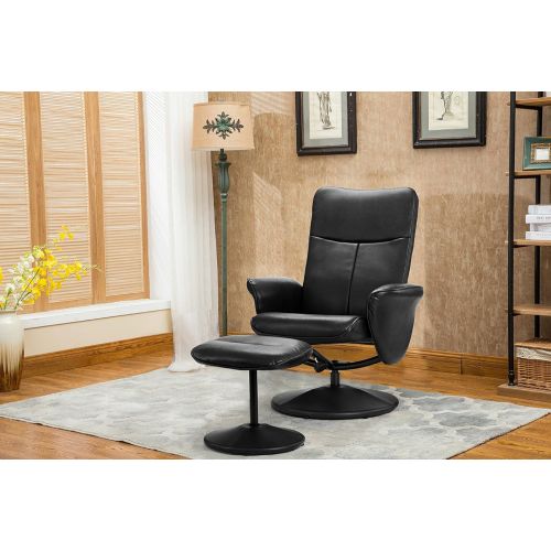  Divano Roma Furniture Modern Living Room Faux Leather Recliner Chair with Footstool, Reclining Swivel Office Chair, Gaming Chair (Black)
