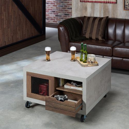  ioHOMES Aaliyah Industrial Square Coffee Table with Slatted Drawer, Paneled Door Open Shelves, Caster Wheels, 31, Walnut