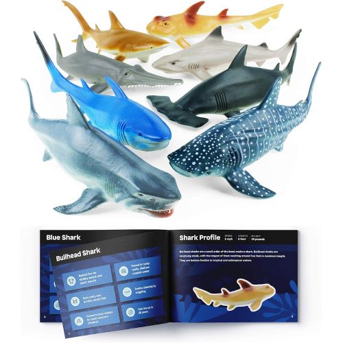  Boley Shark Toys - 8 Pack 10 Long Soft Plastic Realistic Shark Toy Set - Toddler Sensory Toys and Birthday Party Favors for Kids