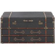 Deco 79 55788 Blue Fabric Chest Coffee Table with Storage Drawers Wood & Leather Trim, 21 H x 40 L, Textured Black Finish