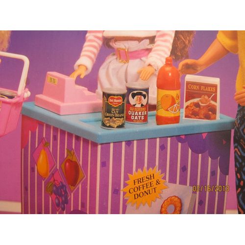 바비 Barbie BARBIE MINI MART Playset w Check Out Counter, Pretend FOOD Items & MORE (1993 Arcotoys, Mattel)