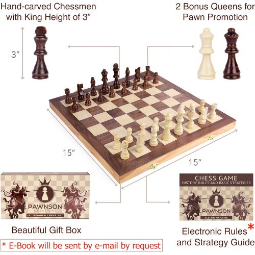  [아마존 핫딜]  [아마존핫딜]Pawnson Creations Wooden Chess Set for Kids and Adults - 15 Staunton Chess Set - Large Folding Chess Board Game Sets - Storage for Pieces | Wood Pawns - Unique E-Book for Beginner - 2 Extra Queens