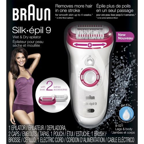브라운 Braun Silk-epil 9 9-521 Womens Epilator, Electric Hair Removal, Cordless, Wet & Dry, WhitePink (Packaging May Vary)