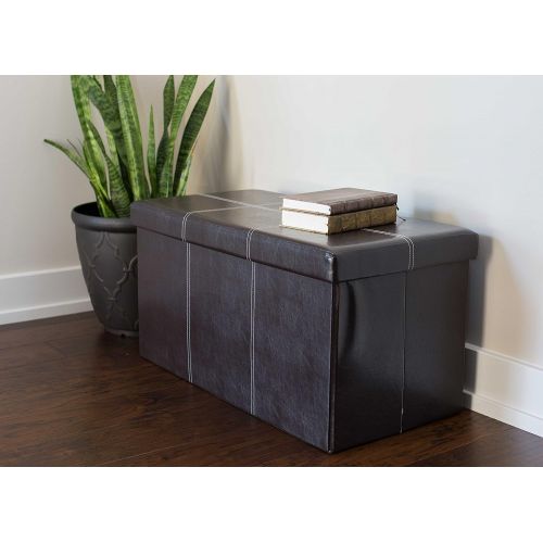  BIRDROCK HOME Faux Leather Folding Storage Ottoman with Legs| 16 x 16 | Strong and Sturdy | Quick and Easy Assembly | Foot Stool | Black