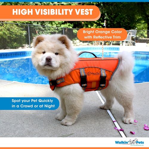  Walkin Dog Life Jacket - Canine Safety Jacket with Bright Orange Color, Reflective Trim, Reinforced Handle and Leash Clip