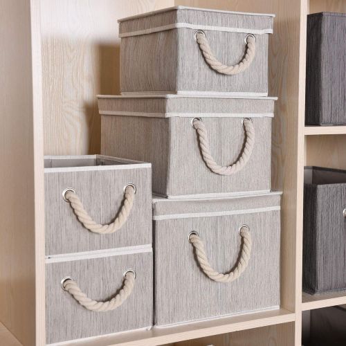  StorageWorks Storage Bins with Lid and Cotton Rope Handles, Foldable Storage Basket, White, Bamboo Style, 3-Pack, Jumbo, 17.1x12.0x10.4 inches (LxWxH)