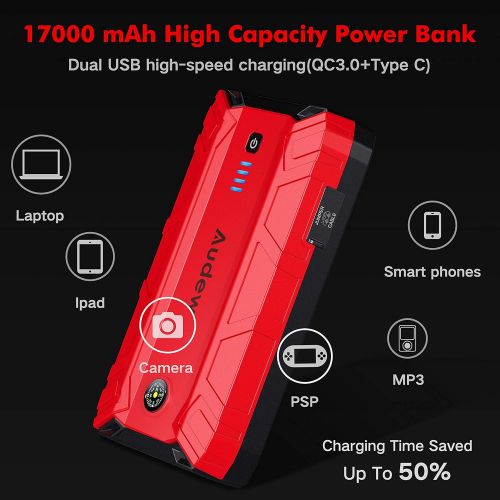  Audew Car Jump Starter,1500A Peak 17000mAh 12V Car Battery Booster (Up to 8L Gas or 6L Diesel Engine),Portable Power Pack with Smart Jumper Cable,Quick Charge 3.0,Type-C,LED Flashl