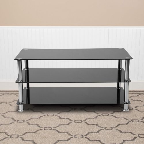  Flash Furniture Riverside Collection Black Glass TV Stand with Stainless Steel Frame