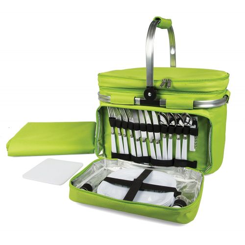  Deco Foldable Insulated Picnic Basket, w Plates, Glasses & Flatware - Keeps Food Cold or Warm for Hours - Full Sized Set Folds Down to 5 Inches