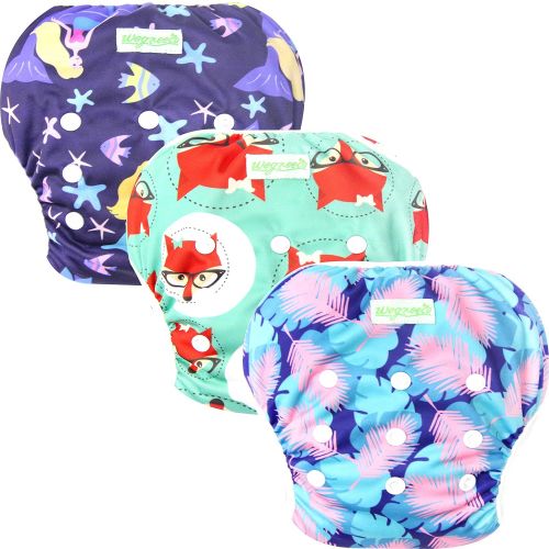  Wegreeco Baby & Toddler Snap One Size Adjustable Reusable Baby Swim Diaper (Mermaid,Fox,Feather,Large,3 Pack)