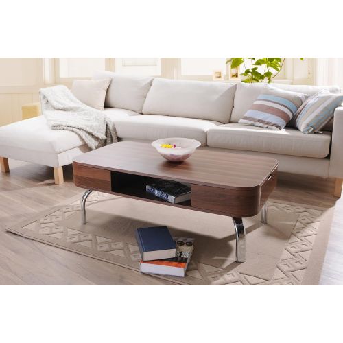  Furniture of America Luxer Modern Coffee Table with 2 Pocket Drawers and Sturdy No-Rust Chromed Legs, 43, Walnut