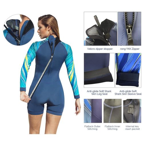  Platinum Sun Womens Neoprene Shorty Wetsuit Long-Sleeve Swimsuit Water Suits for Diving Surfing Kayaking Canoeing Snorkeling - 2.0mm