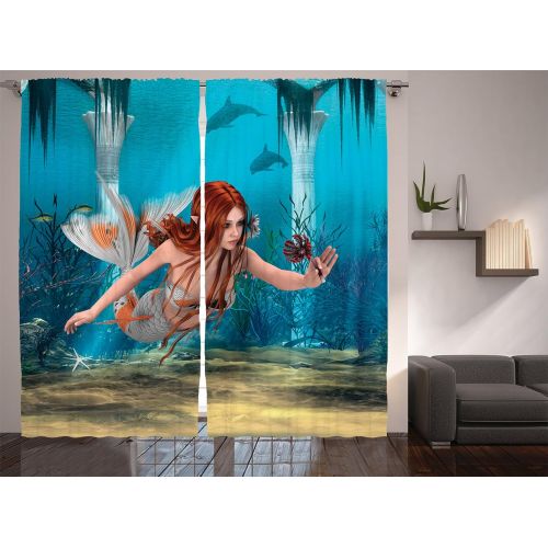  Ambesonne Mermaid Decor Curtains, Lifelike Mermaid Holding A Sea Lily Magic World, Window Drapes 2 Panel Set for Living Room Bedroom, 108 W X 90 L inches