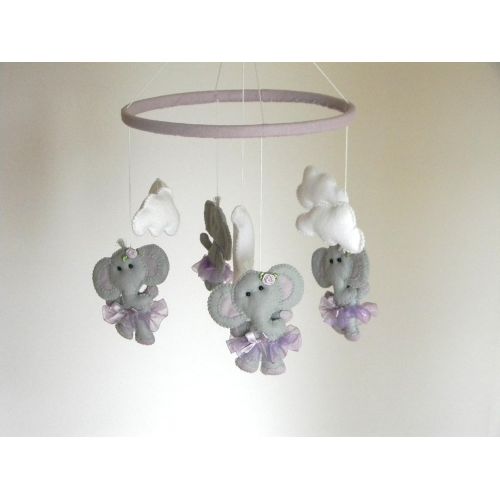  RainbowSmileShop Elephant Baby Crib Mobile, ballerina Cot Mobile, Elephant tutu Nursery Mobile, gray purple lavender nursery decor, lavender nursery bedding