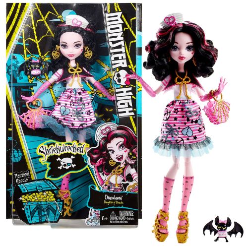  MH Year 2016 Monster High Shriekwrecked Nautical Ghouls Series 11 Inch Doll Set - Daughter of Dracula Draculaura with Pet Count Fabulous and Purse
