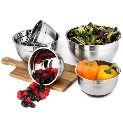  Premium Mixing Bowls with Lids - by Simply Gourmet. Stainless Steel Mixing Bowl Set Contains 5 Bowls with Airtight Lids, Non-Slip Bottoms, and a Flat Base for Stable Mixing. Bowls