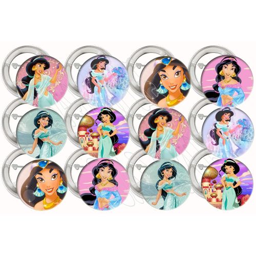  Party Over Here Princess Jasmine Buttons Pinback from Aladdin Movie Party Favors Supplies Decorations Collectible Metal Buttons Pins, Large 2.25” -12 pcs, Alladin, Jafar, Genie, Iago, Abu, Magic C