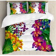 Ambesonne Leaf Duvet Cover Set, Flower Kahili Ginger Bamboo and Orchid Vivid Colored Tropic Accents, Decorative 3 Piece Bedding Set with 2 Pillow Shams, King Size, Green Purple