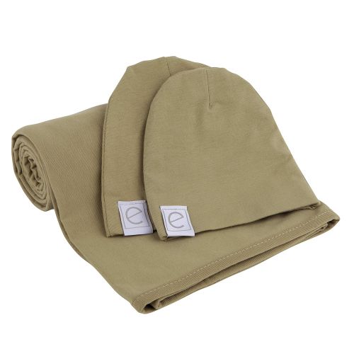  Elys & Co Cotton Knit Jersey Swaddle Blanket and 2 Beanie Gift Set, Large Receiving Blanket - Olive