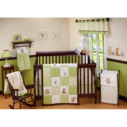 디즈니 Disney Baby My Friend Pooh 4 Piece Nursery Crib Bedding Set, Green, Brown, White