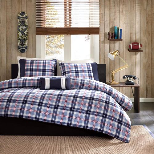  Mi-Zone Elliot FullQueen Comforter Set Teen Boy Bedding - Navy, Plaid  4 Piece Bed Sets  Peach Skin Fabric Bed Comforter