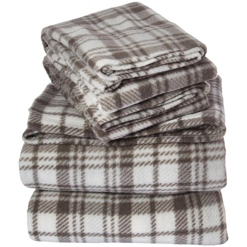  True North by Sleep Philosophy Micro Fleece Grey Plaid Sheet Set, Causal Bed Sheets Full, Bed Sheets Set 4-Piece Include Flat Sheet, Fitted Sheet & 2 Pillowcases