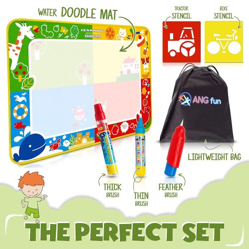  Aqua Magic Doodle Mat - Fun Easy to Use Educational Water Drawing Mat for Boys and Girls - with Water Pens in 3 Sizes, Stencil and Carry Bag. Water Painting for Kids and Toddlers.