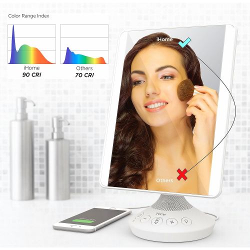  iHome 7 x 9 Reflect iCVBT2 Adjustable Vanity Mirror with Bluetooth Audio, Hands-Free Speakerphone, LED Lighting, Siri & Google Support USB Charging, Flat Panel LED Lighting (White)