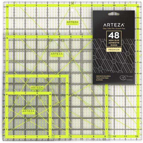 ARTEZA Acrylic Quilters Ruler & Non Slip Rings - Double-Colored Grid Lines (4.5X4.5, 6X6, 9.5X9.5, 12.5X12.5, Set of 4)
