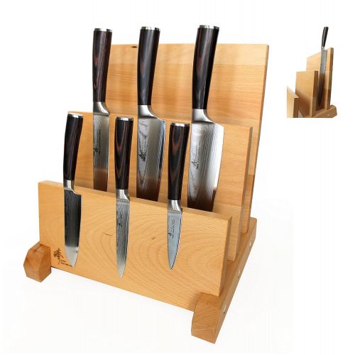  ZHEN Japanese Damascus VG-10 Steel 6 Piece Cutlery Knife Set and Beech Wood Knife Block, Silver