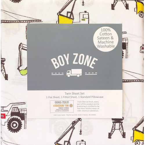  Boy Zone Bedding 3 Piece Twin Size Single Bed Sheet Set Construction Vehicles Shipping Container Cranes Back Hoes, Bulldozers