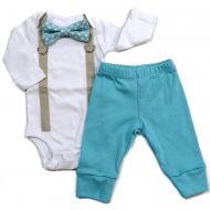 Cuddle Sleep Dream Baby Boy Coming Home Outfit With Bow Tie and Suspenders in Aqua