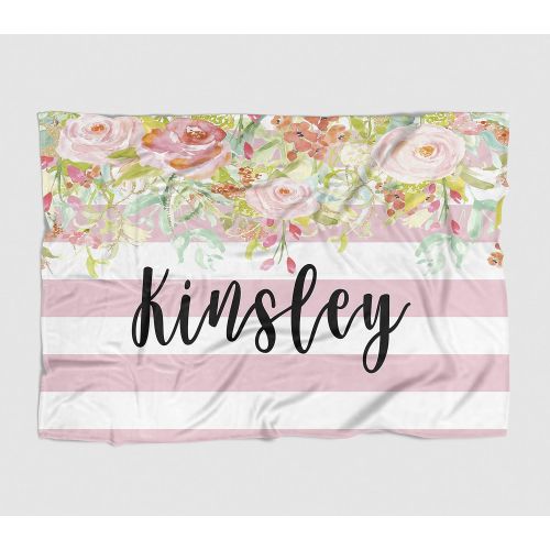  The Navy Knot Personalized Baby Blanket - Pink Floral Stripe - Frame - 50 X 60 - Plush Fleece Swaddle - Baby Girl Bedding - Cute Floral - Birth Announcement - Baby Shower Gift