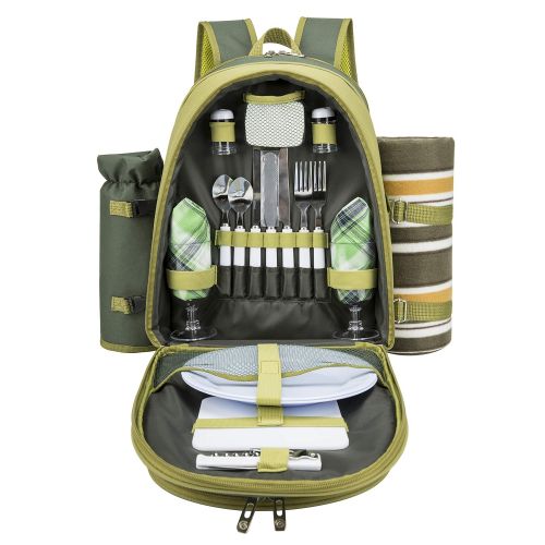  ALLCAMP OUTDOOR GEAR ALLCAMP 2 Person Blue Picnic Backpack Hamper with Cooler Compartment Includes Tableware & Fleece Blanket (Green)