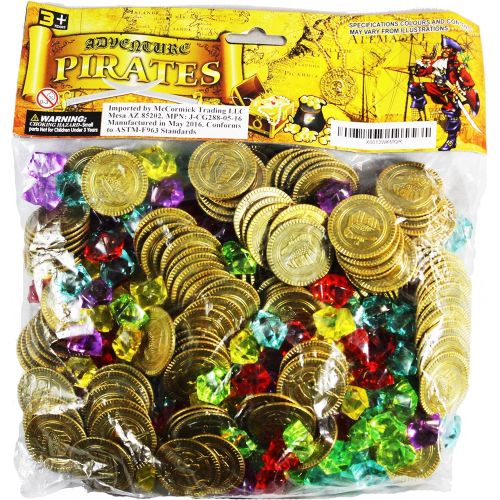  Joyin Toy 288 Pieces Pirate Gold Coins and Pirate Gems Jewelry Playset Pack Party Favor. (144 Coins+144 Gems)